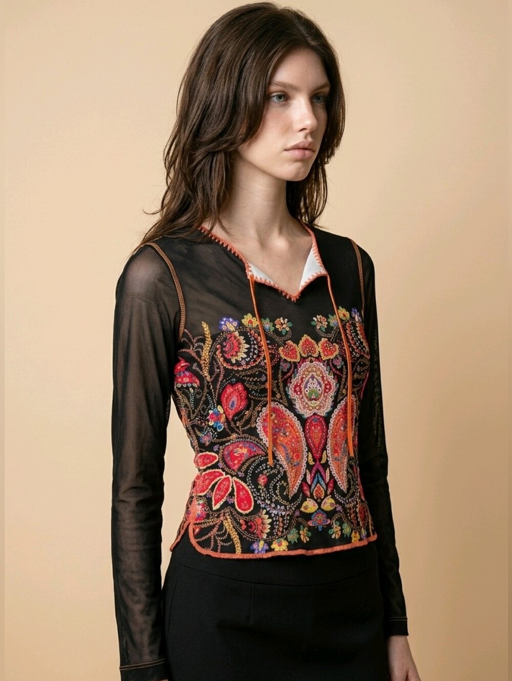 2000's Caché Beaded Sheer Mystic Mesh Sequin Art to Wear Blouse Small - Picture 2 of 11